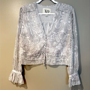 silver TJD boho hippie 70s paisley pattern flowy button up blouse
